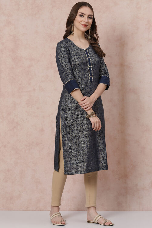 Indigo Art Silk Kurta image number 3